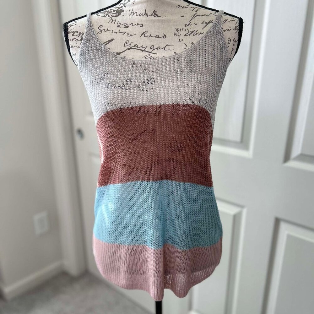 Women's Locked Stitched Colorful Striped Grey, Brown, Turquoise & Pink Tank Top